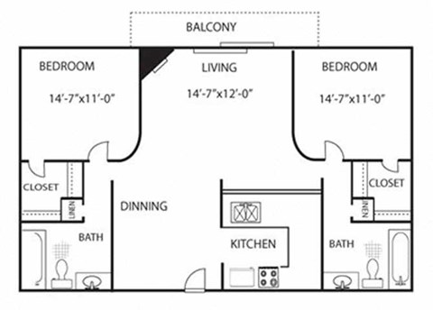 Floor plan for 2 beds, 2 baths, 975 sqft