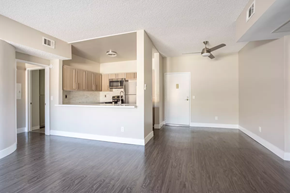 Burbank apartment for rent - an empty living room and kitchen with a ceiling fan