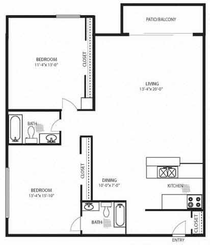 Floor plan for 2 beds, 2 baths, 1200 sqft