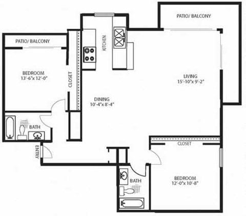 Floor plan for 2 beds, 2 baths, 940 sqft