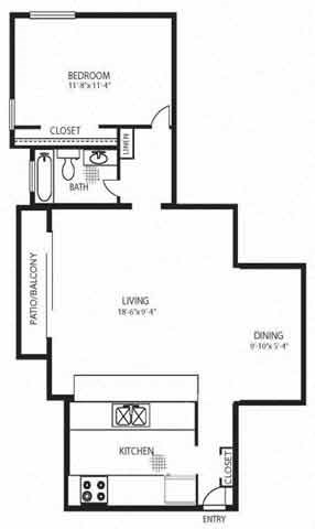 Floor plan for 1 bed, 1 bath, 690 sqft