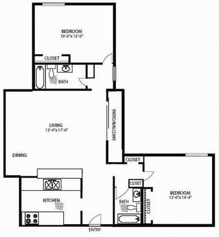 Floor plan for 2 beds, 2 baths, 1090 sqft