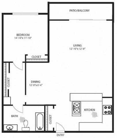 Floor plan for 1 bed, 1 bath, 790 sqft