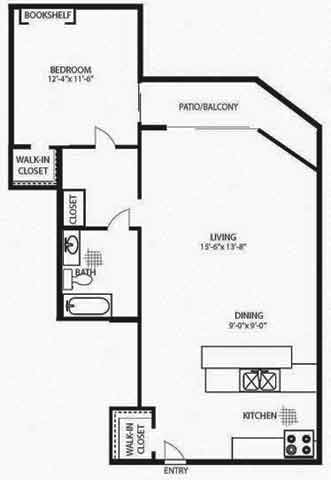 Floor plan for 1 bed, 1 bath, 850 sqft