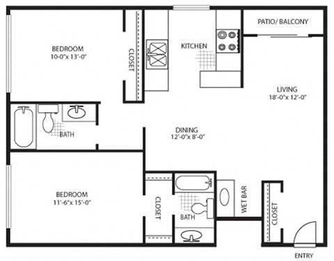 Floor plan for 2 beds, 2 baths, 1030 sqft