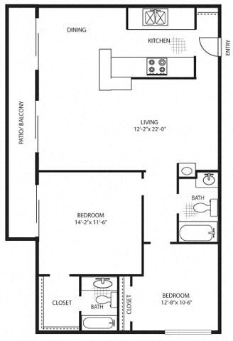 Floor plan for 2 beds, 2 baths, 1030 sqft