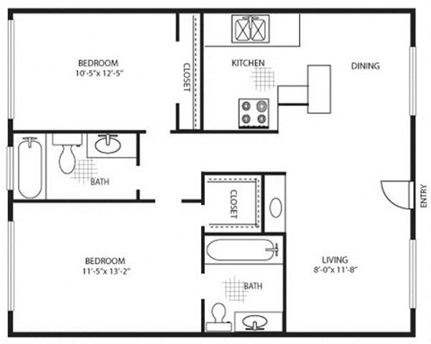Floor plan for 2 beds, 2 baths, 900 sqft