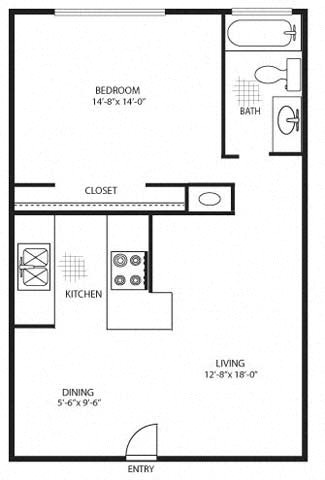 Floor plan for 1 bed, 1 bath, 710 sqft