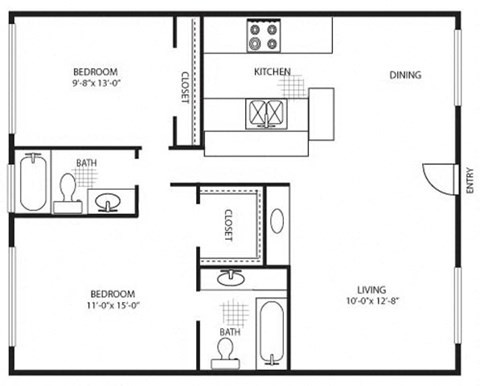 Floor plan for 2 beds, 2 baths, 1008 sqft
