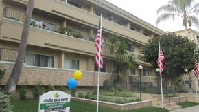 Studio City apartment for rent - the front of our building with flags and balloons