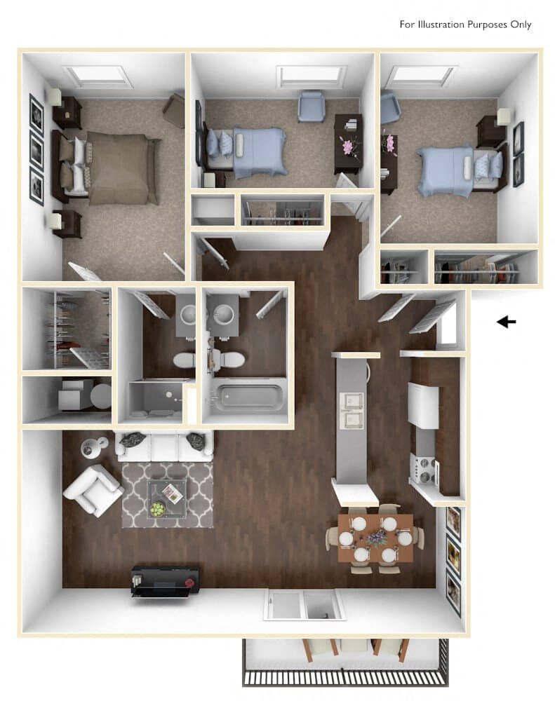 Floor plan for 3 beds, 2 baths, 1114 sqft