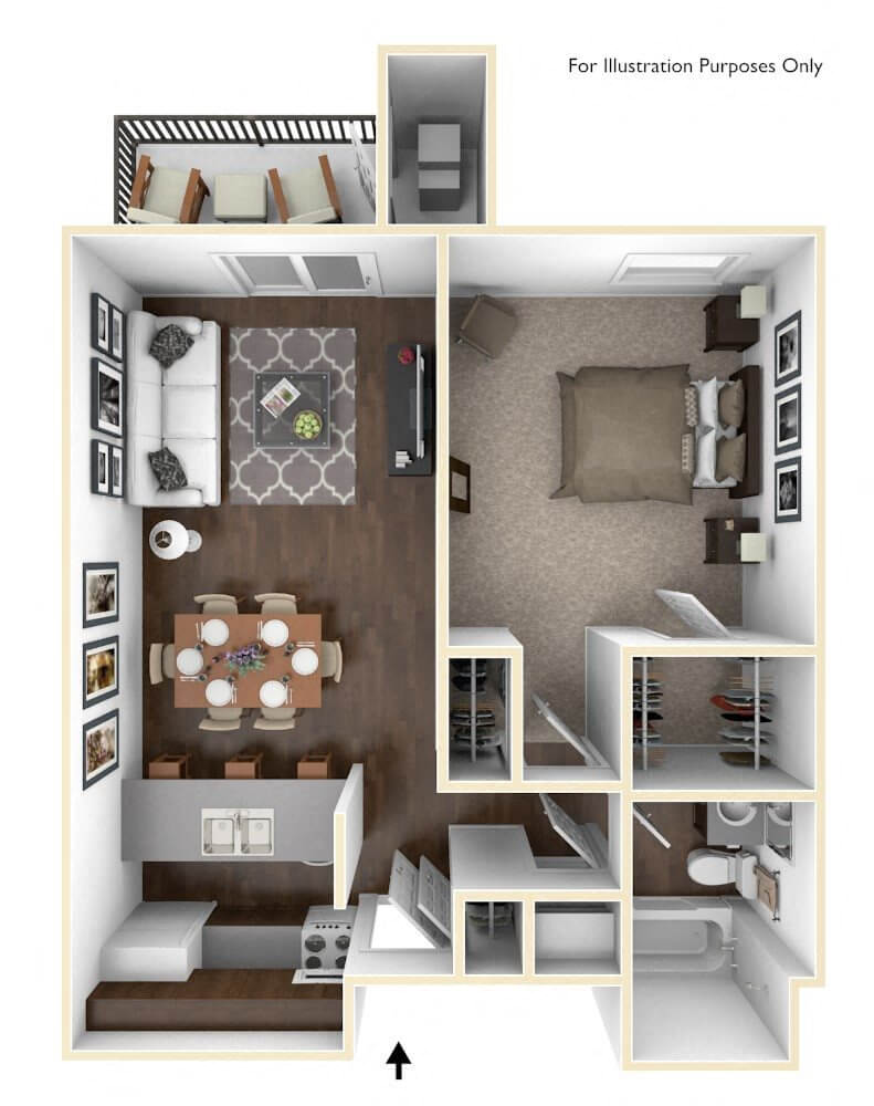 Floor plan for 1 bed, 1 bath, 625 sqft