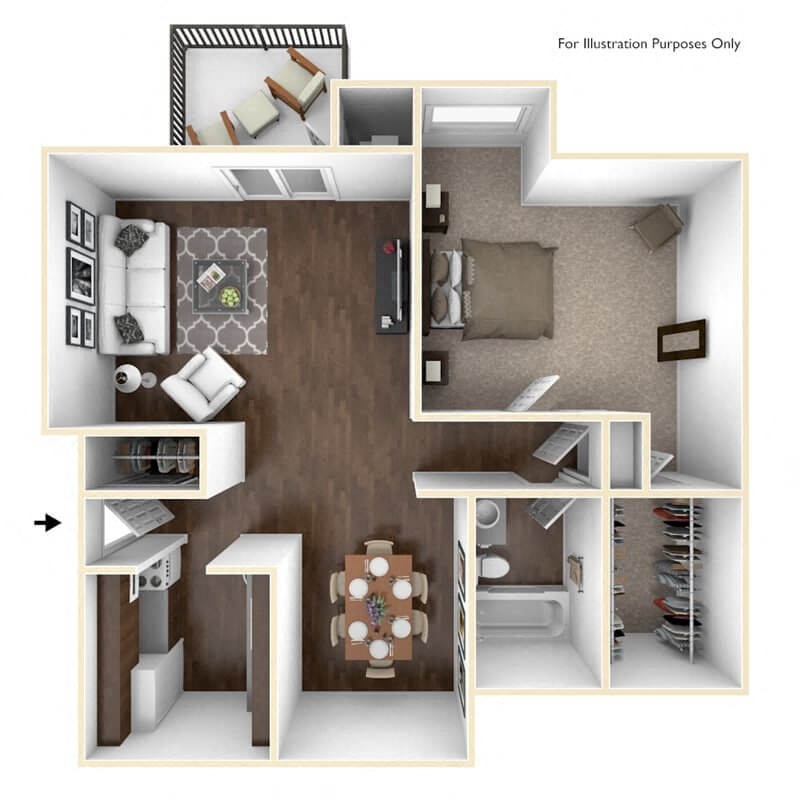 Floor plan for 1 bed, 1 bath, 753 sqft
