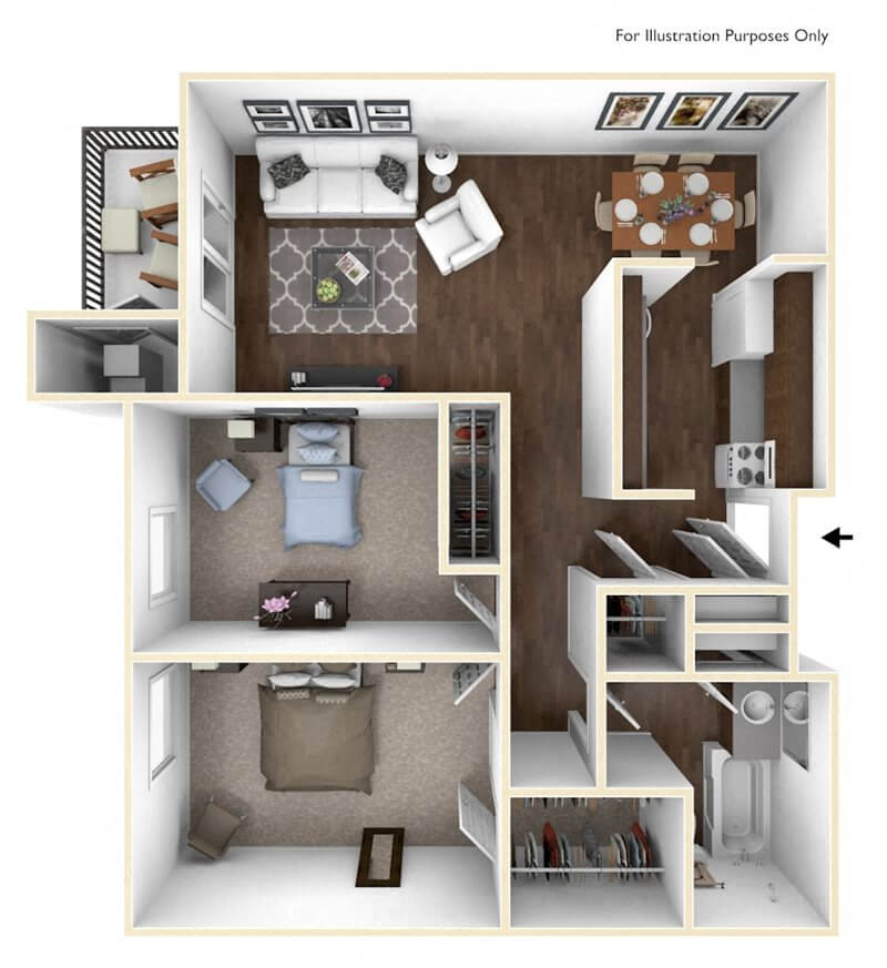 Floor plan for 2 beds, 1 bath, 854 sqft