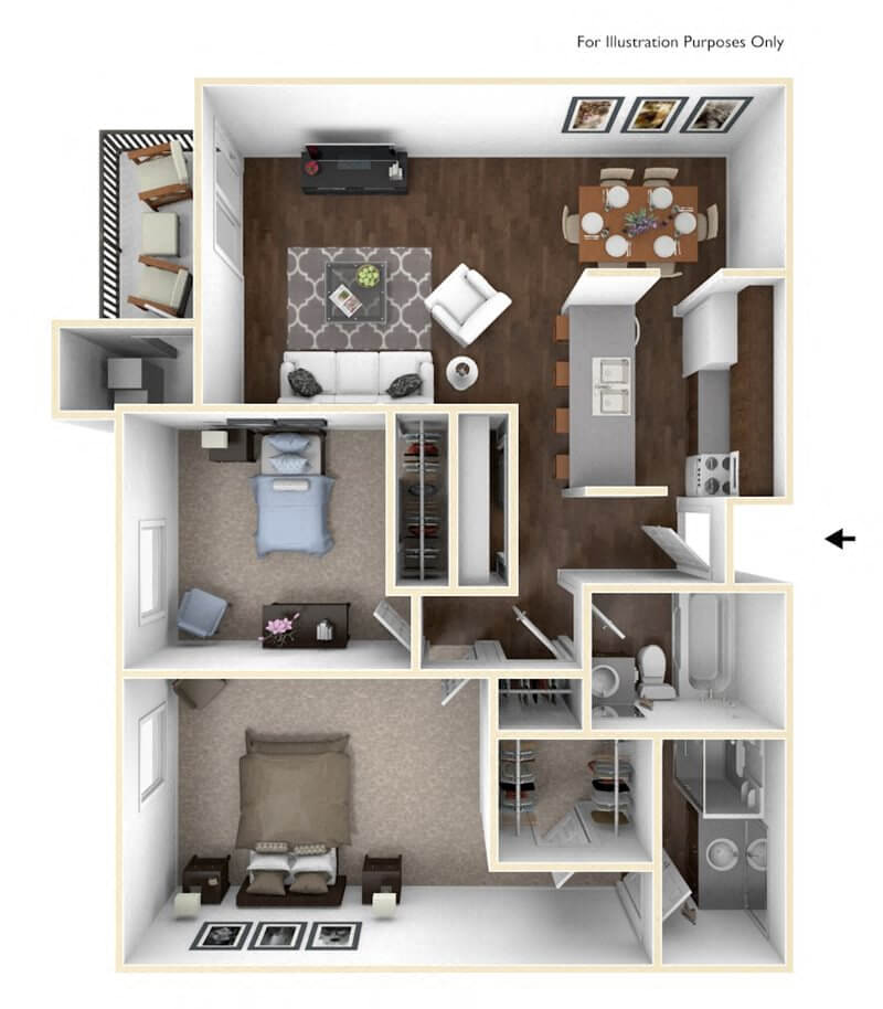 Floor plan for 2 beds, 2 baths, 896 sqft
