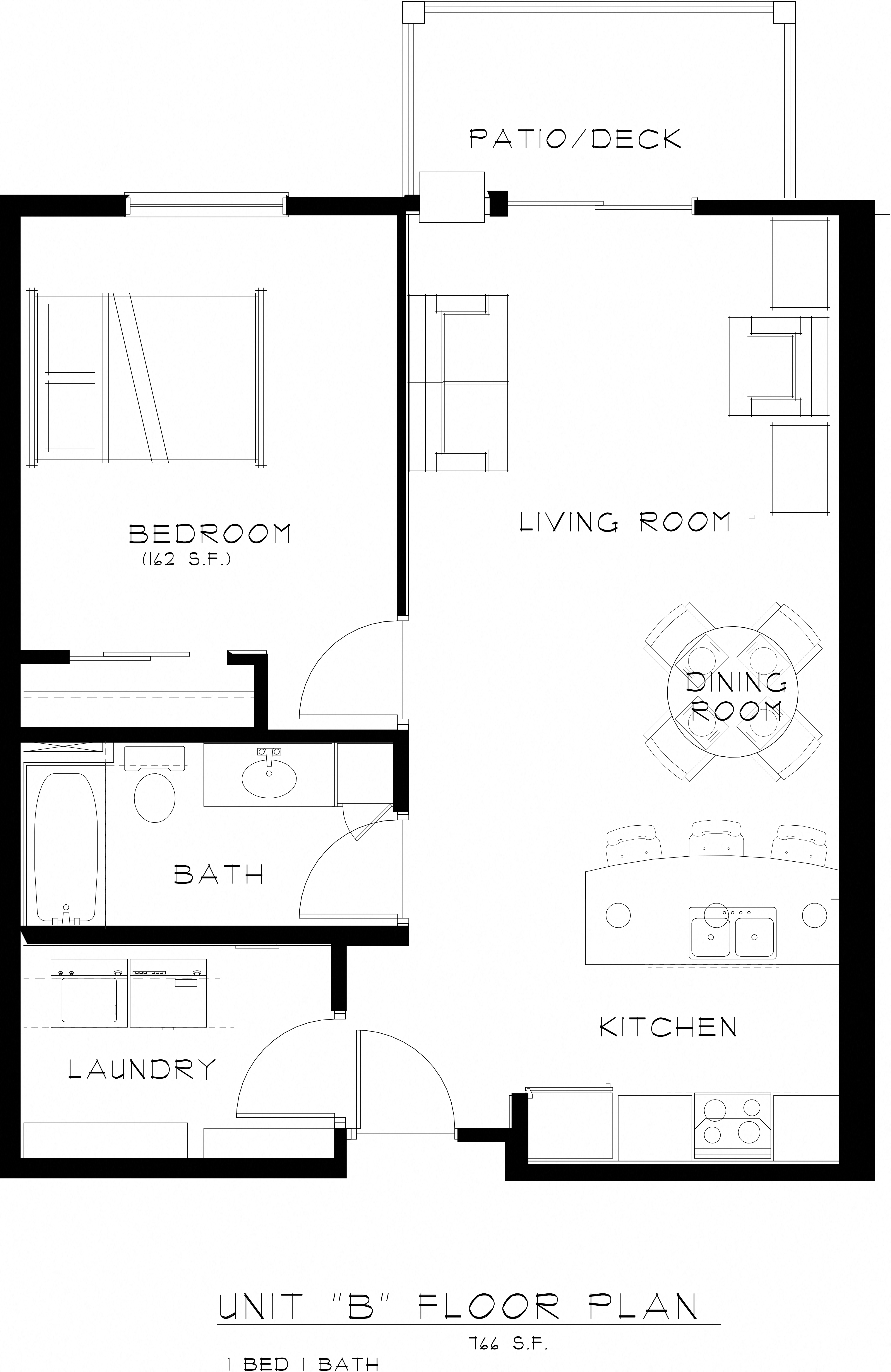 Floor plan for 1 bed, 1 bath, 766 sqft