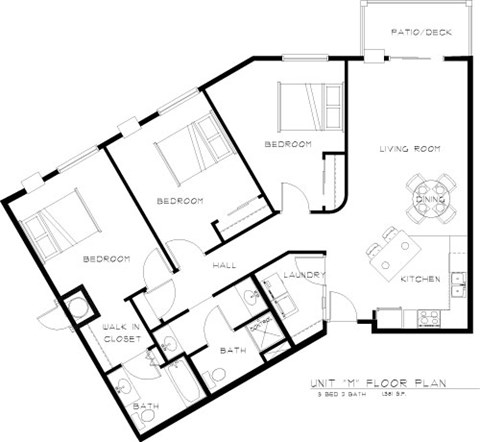 Floor plan for 3 beds, 2 baths, 1381 sqft