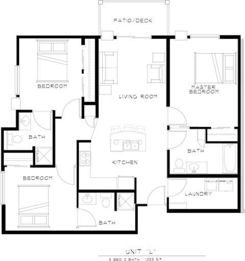 Floor plan for 3 beds, 3 baths, 1233 sqft