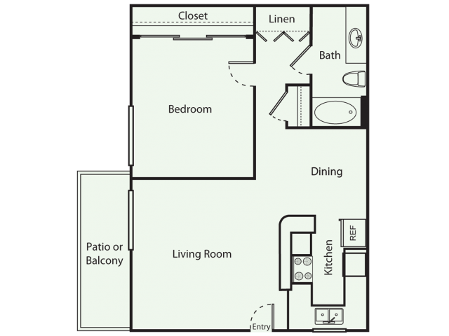 Floor plan for 1 bed, 1 bath, 650 sqft