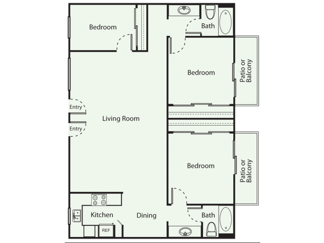 Floor plan for 3 beds, 2 baths, 1200 sqft