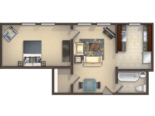 Floor plan for 1 bed, 1 bath, 700 sqft
