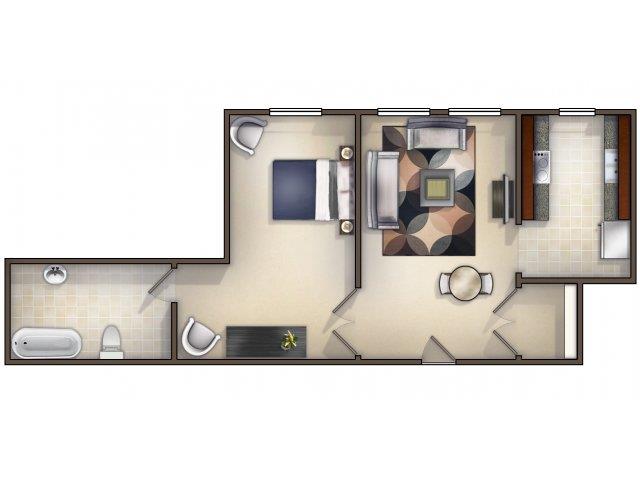 Floor plan for 1 bed, 1 bath, 600 sqft