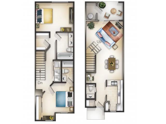 Floor plan for 2 beds, 2.5 baths, 1275 sqft