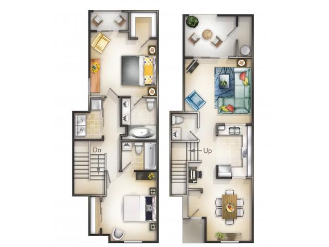 Floor plan for 2 beds, 2.5 baths, 1295 sqft