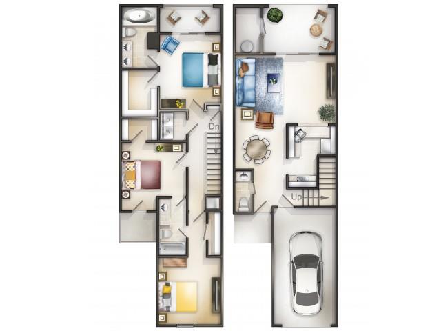 Floor plan for 3 beds, 2.5 baths, 1555 sqft