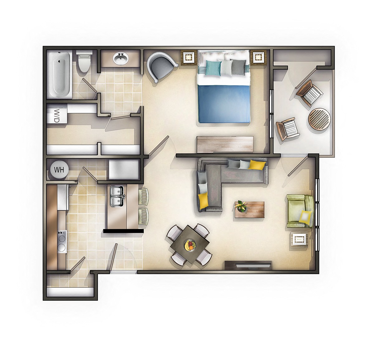 Floor plan for 1 bed, 1 bath, 723 sqft