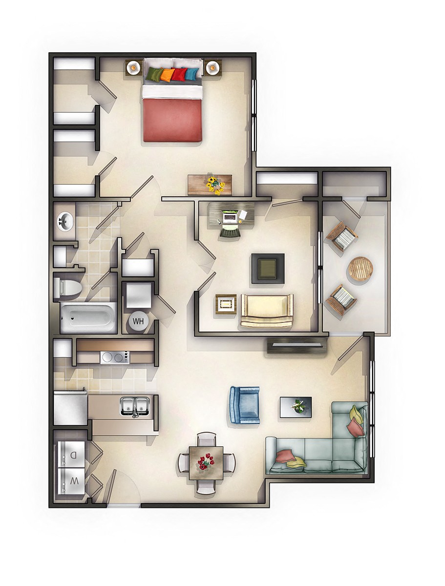 Floor plan for 2 beds, 1 bath, 927 sqft