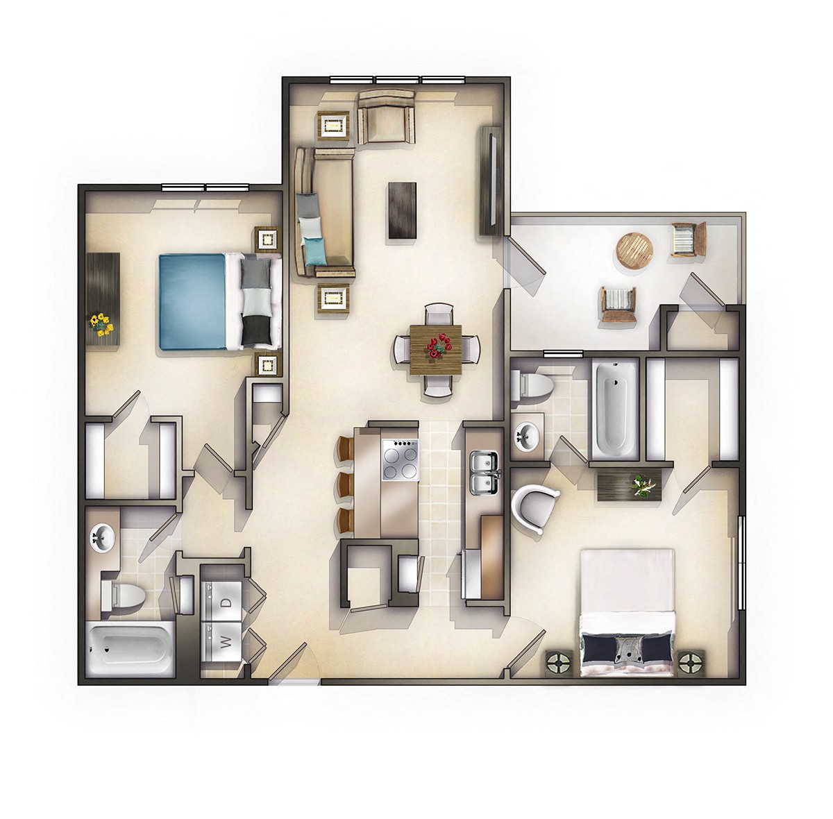 Floor plan for 2 beds, 2 baths, 1280 sqft