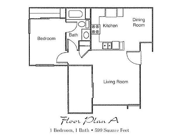 Floor plan for 1 bed, 1 bath, 599 sqft