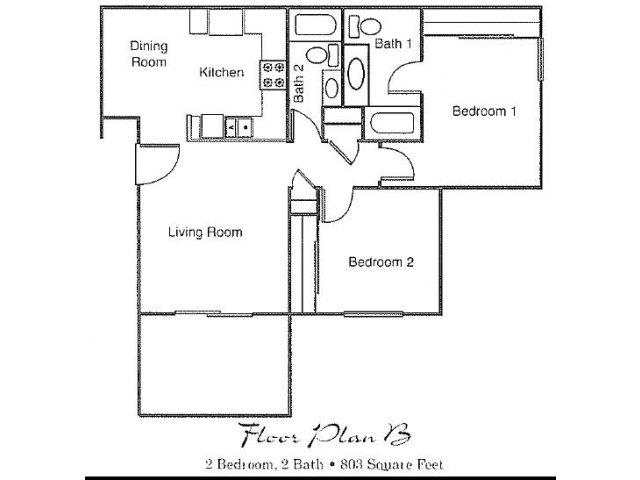 Floor plan for 2 beds, 2 baths, 803 sqft