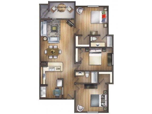 Floor plan for 3 beds, 2 baths, 1060 sqft