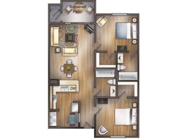 Floor plan for 2 beds, 2 baths, 843 sqft