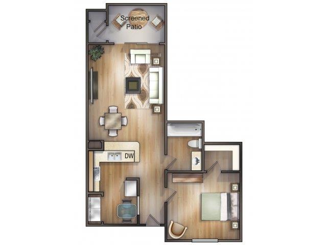 Floor plan for 1 bed, 1 bath, 727 sqft