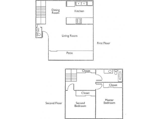 Floor plan for 2 beds, 1.5 baths, 860 sqft