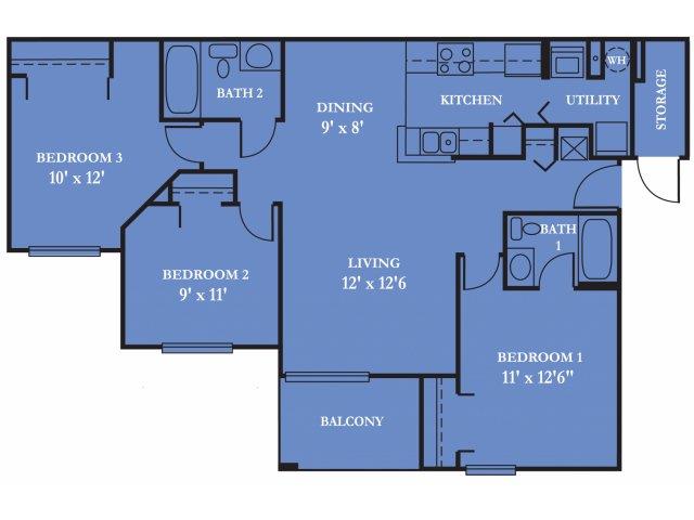 Floor plan for 3 beds, 2 baths, 1100 sqft