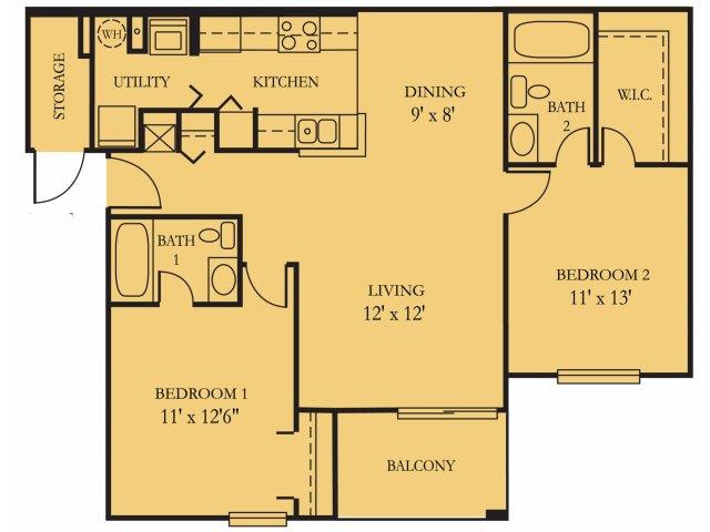 Floor plan for 2 beds, 2 baths, 1000 sqft