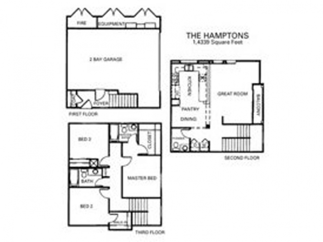 Floor plan for 3 beds, 2.5 baths, 1439 sqft
