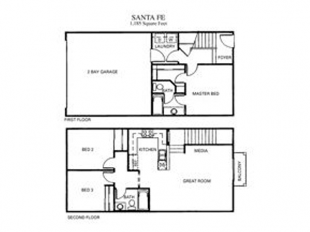 Floor plan for 3 beds, 2 baths, 1185 sqft
