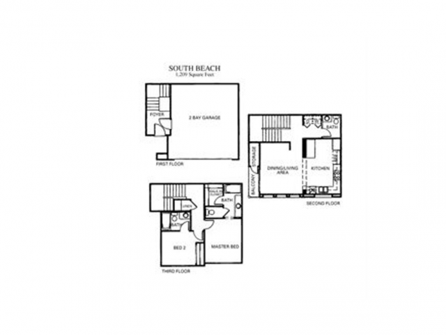 Floor plan for 2 beds, 2.5 baths, 1209 sqft
