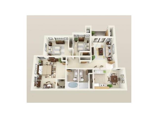 Floor plan for 3 beds, 2 baths, 1253 sqft