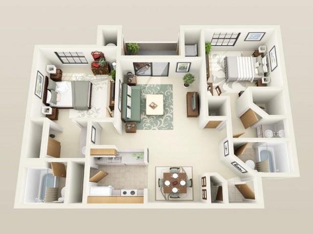 Floor plan for 2 beds, 2 baths, 960 sqft