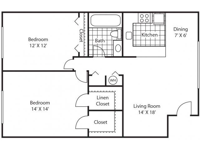 Floor plan for 2 beds, 1 bath, 900 sqft