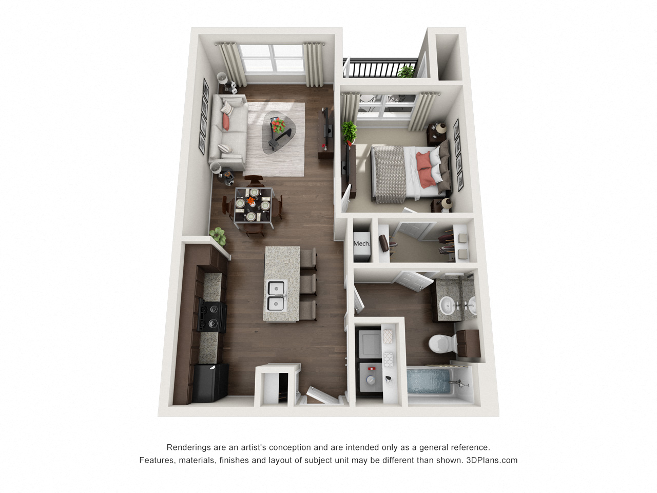 Floor plan for 1 bed, 1 bath, 662 sqft