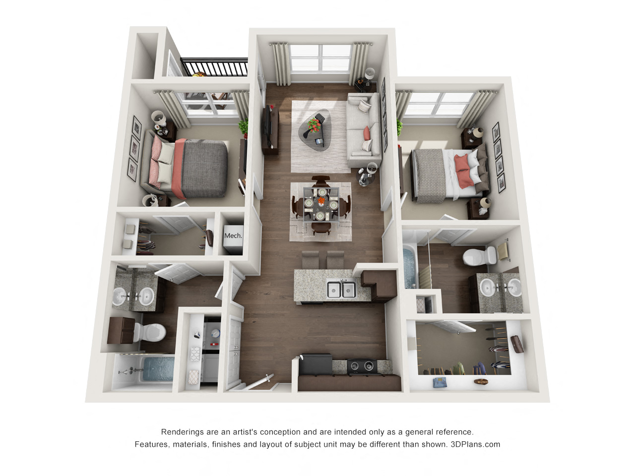Floor plan for 2 beds, 2 baths, 919 sqft