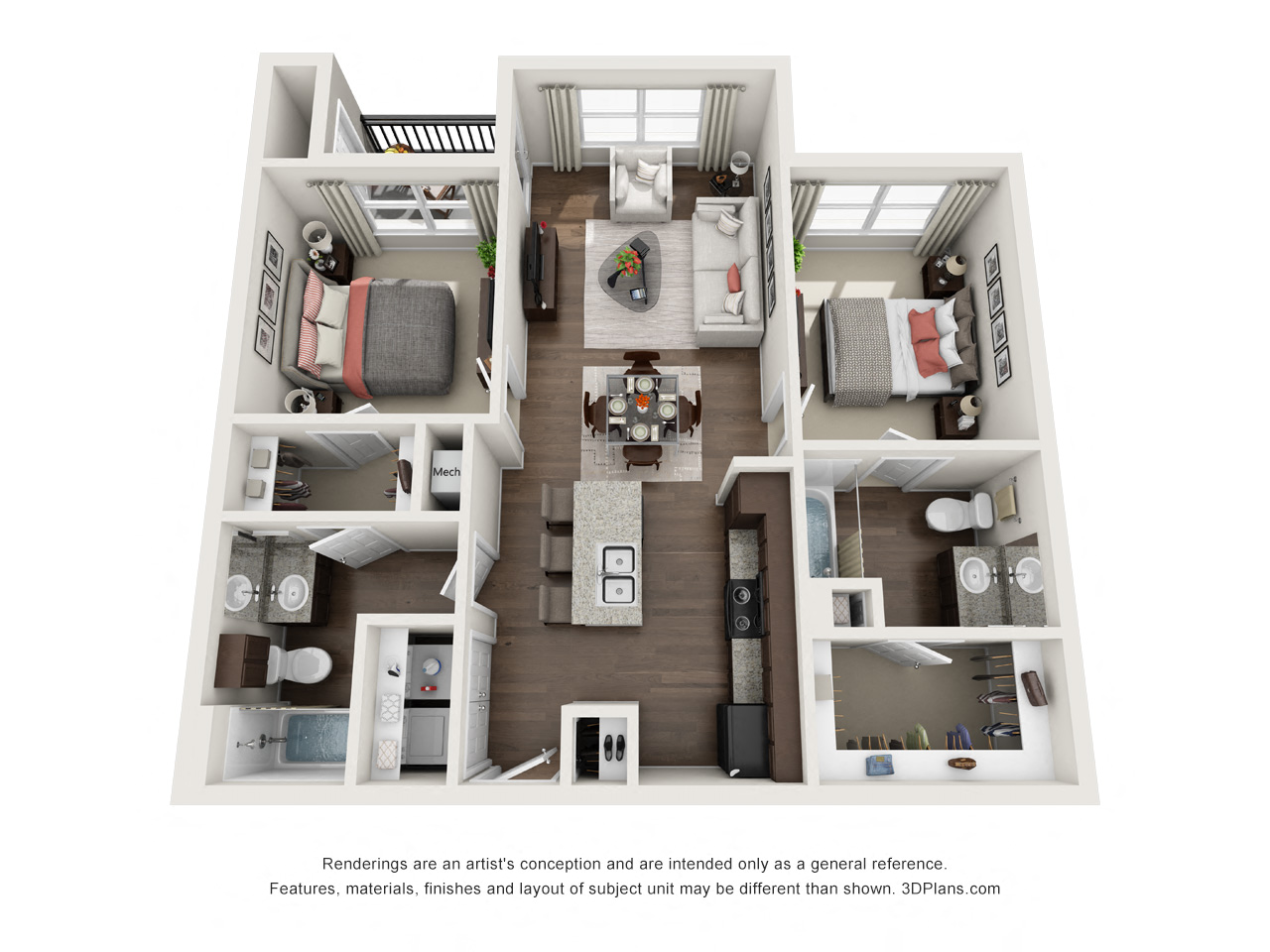 Floor plan for 2 beds, 2 baths, 919 sqft