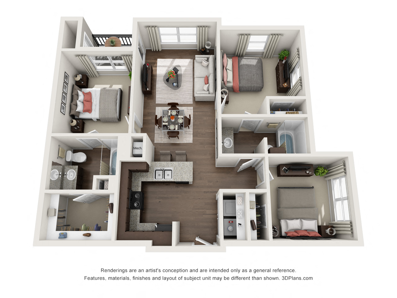 Floor plan for 3 beds, 2 baths, 1067 sqft